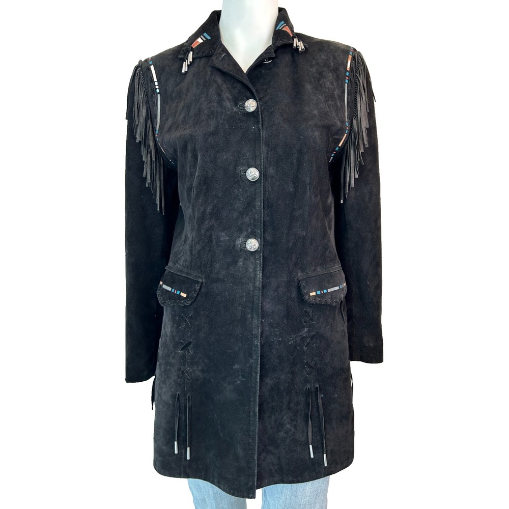 Vintage Leather Jacket Womens 10 Black Suede Fringe Char Santa Fe Western Boho